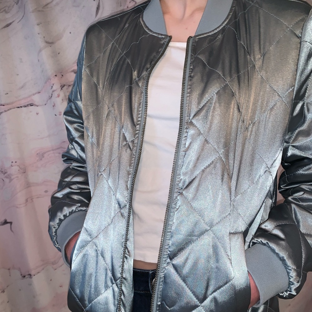 blue quilted bomber jacket